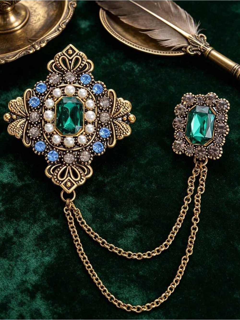 Vintage-Style Gold Green Gem Chain Brooch Set - Picture 4 of 5